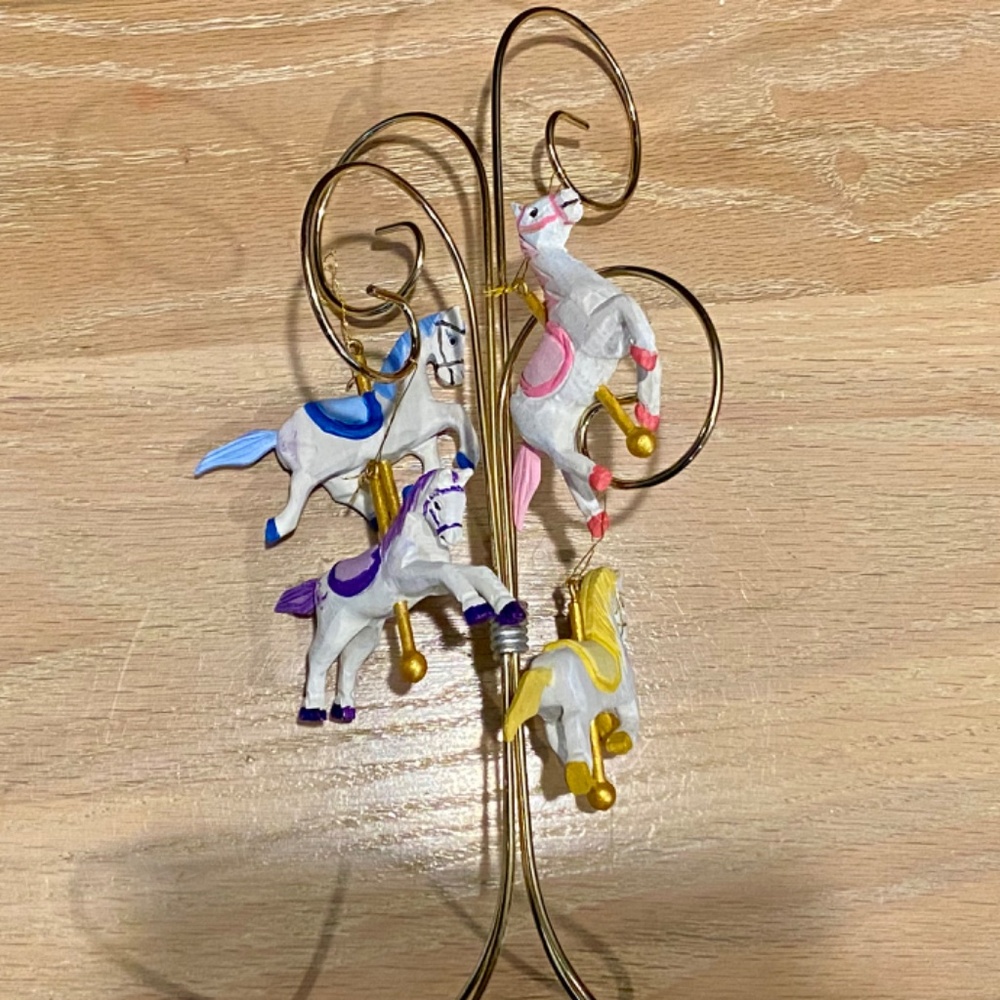4 Carousel Horse Ornaments, Wood & Hand Painted, 13" Wire Stand, Nursery or Tree - Picture 4 of 16